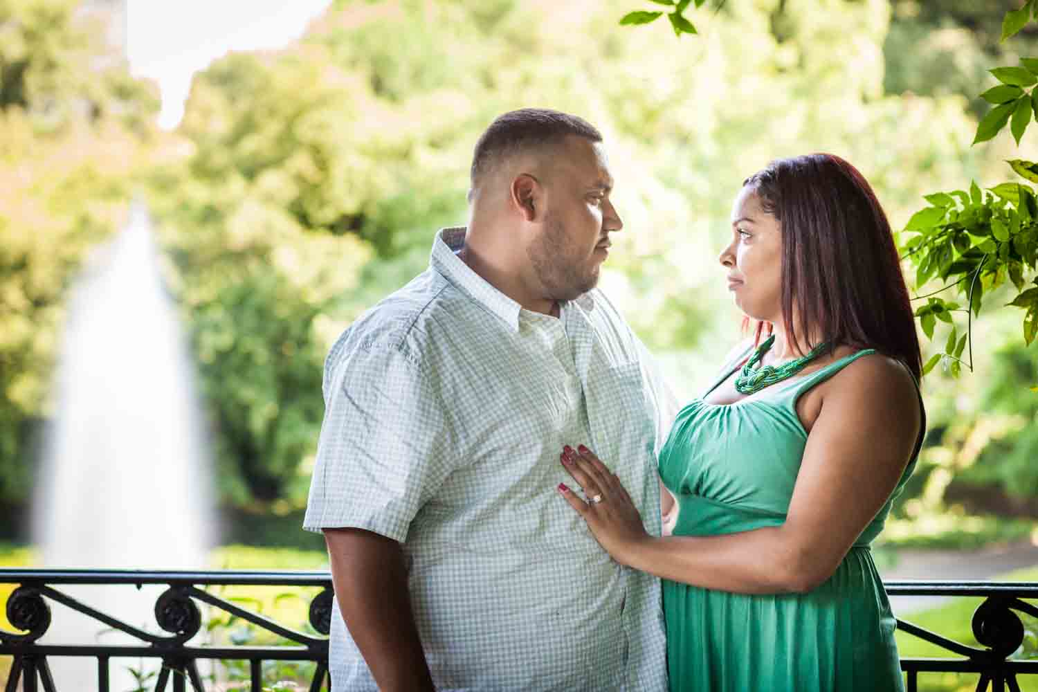 Couple hugging in Conservatory Garden during a Central Park engagement shoot