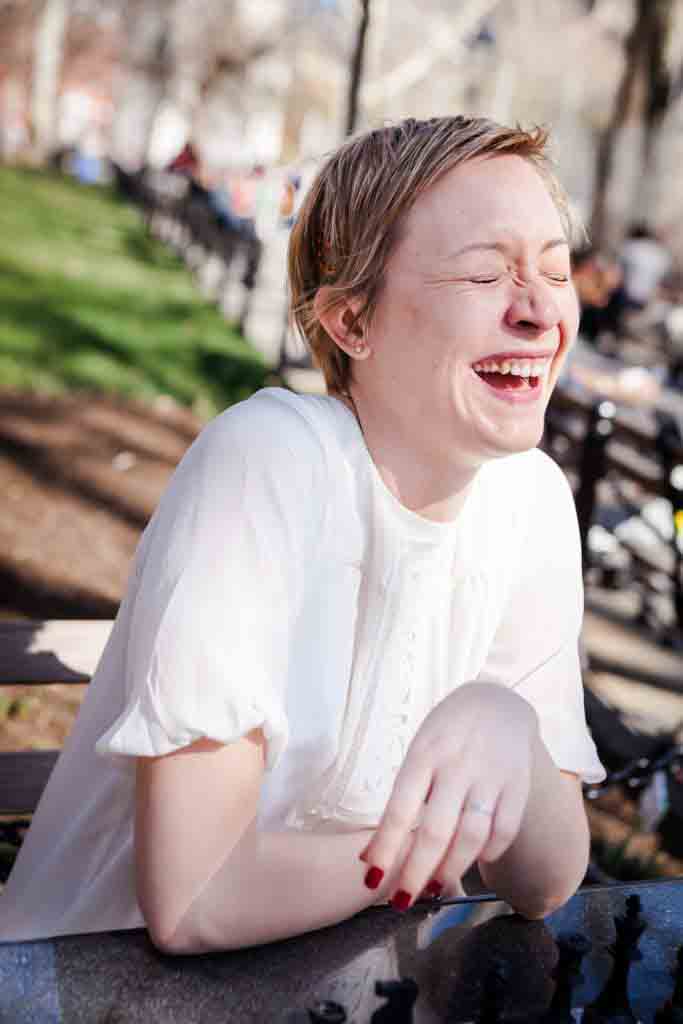Washington Square Park portrait of woman laughing 