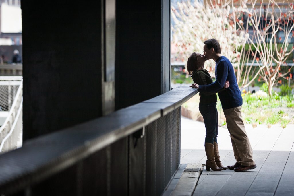 Couple hugging during a High Line engagement portrait session