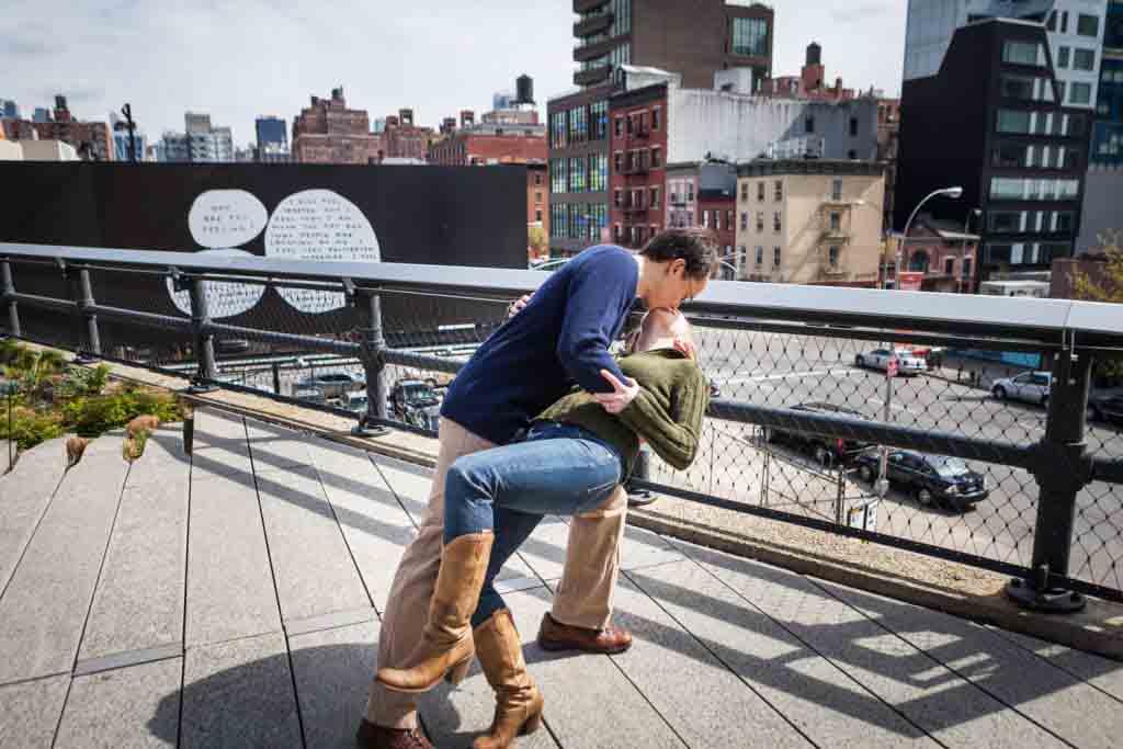 Couple dancing during a High Line engagement portrait session