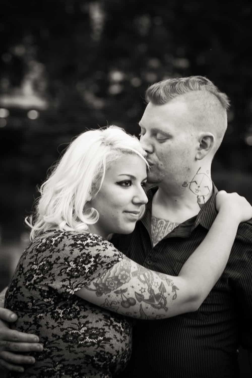 Black and white photo of couple hugging in Central Park