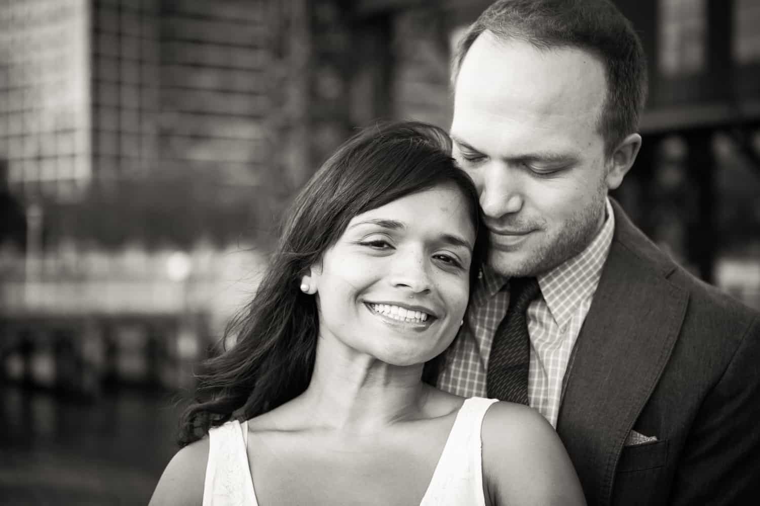 Black and white photo of couple during Gantry Plaza State Park engagement shoot