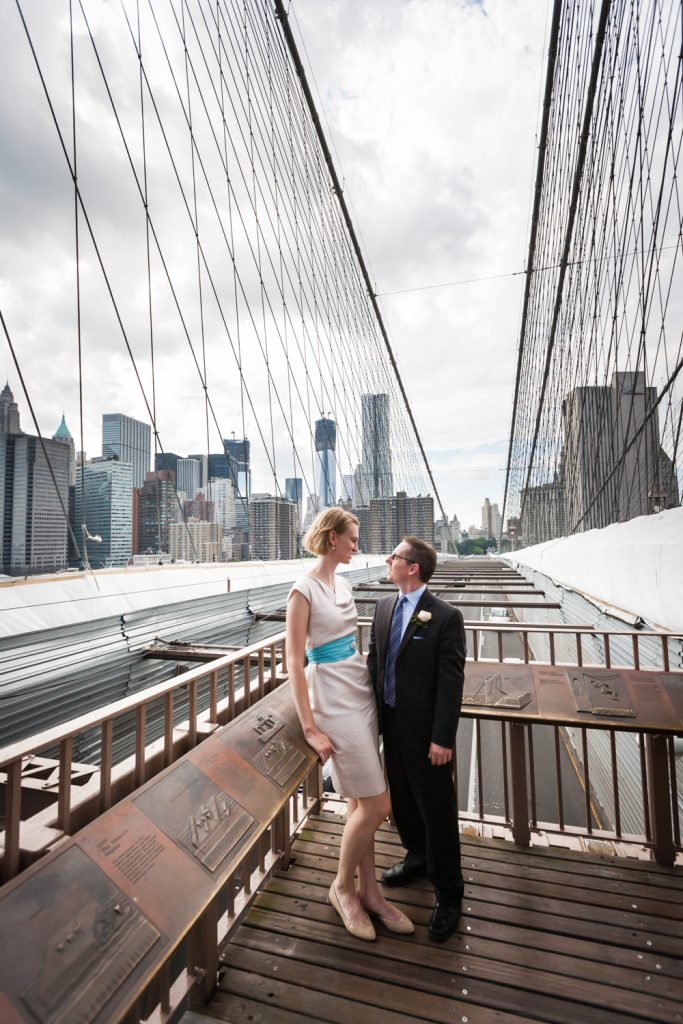 Couple on Brooklyn Bridge at a NYC City Hall wedding