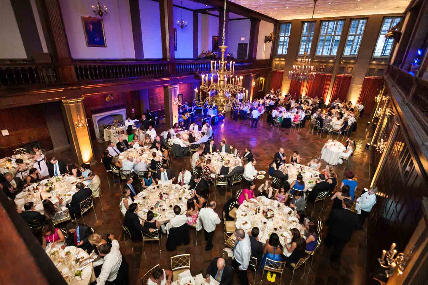 Wide shot of ballroom at Harvard Club during wedding reception
