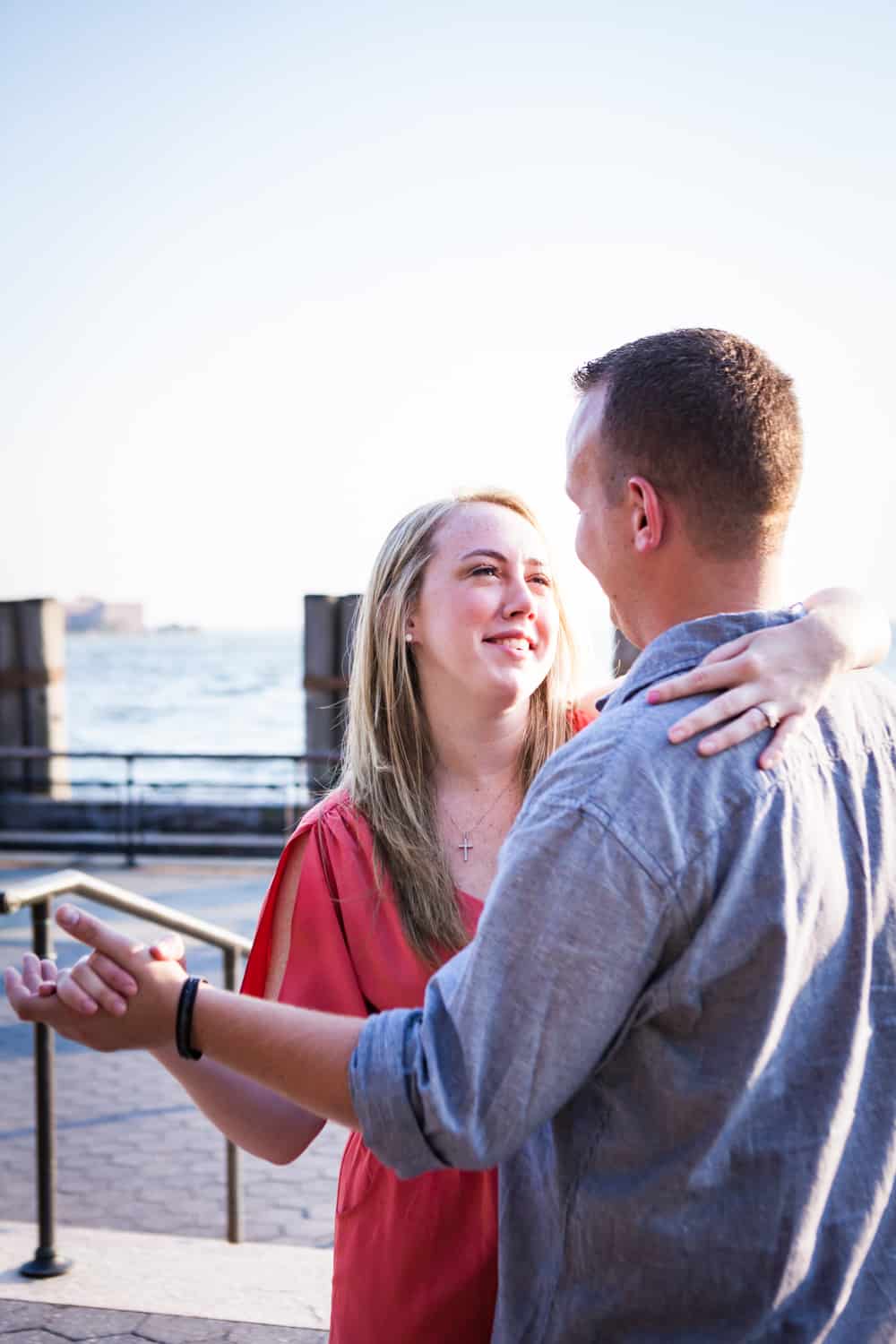 Couple dancing at a Battery Park engagement shoot