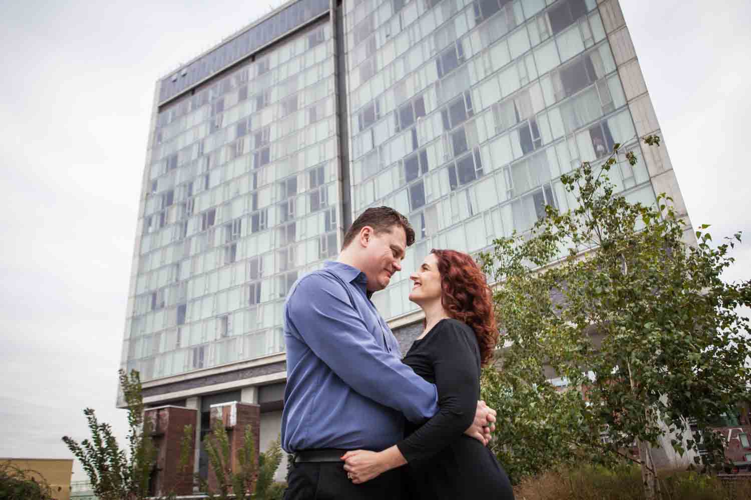 Couple hugging in front of the Standard Hotel