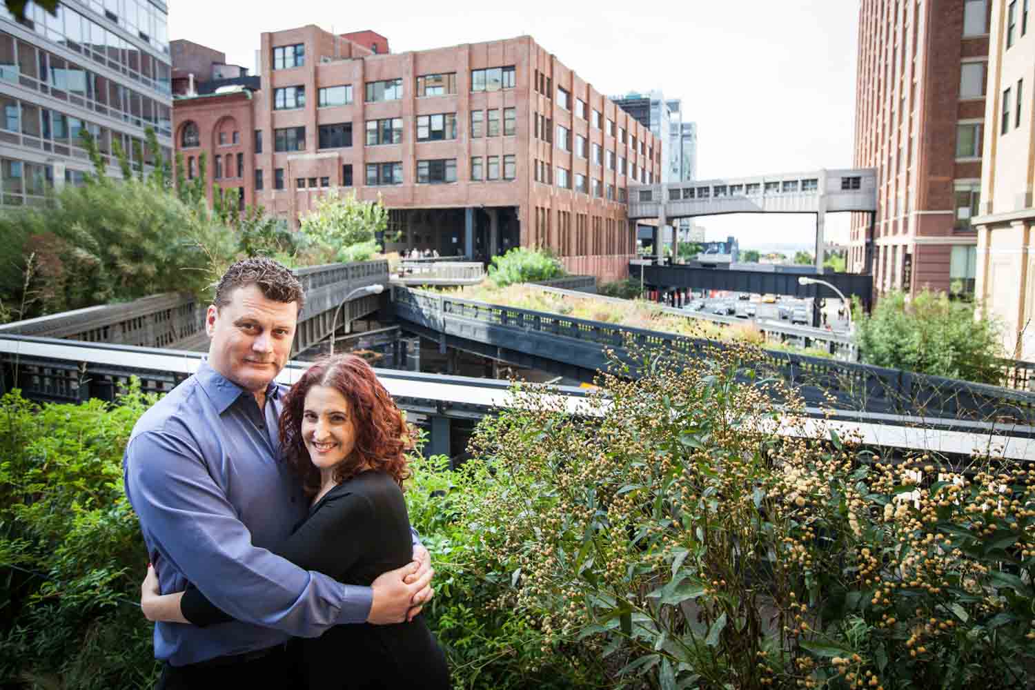 High Line engagement photos of couple in front of observation deck