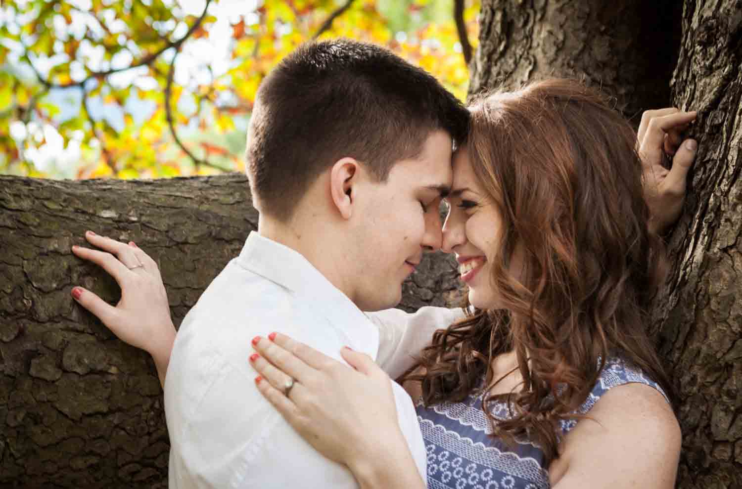Couple touching foreheads next to tree