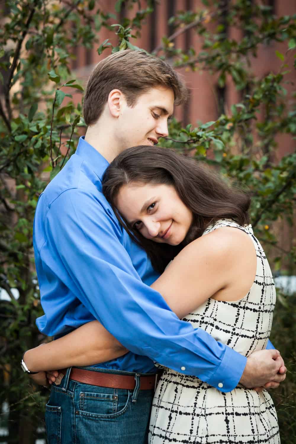 Couple hugging during High Line engagement session