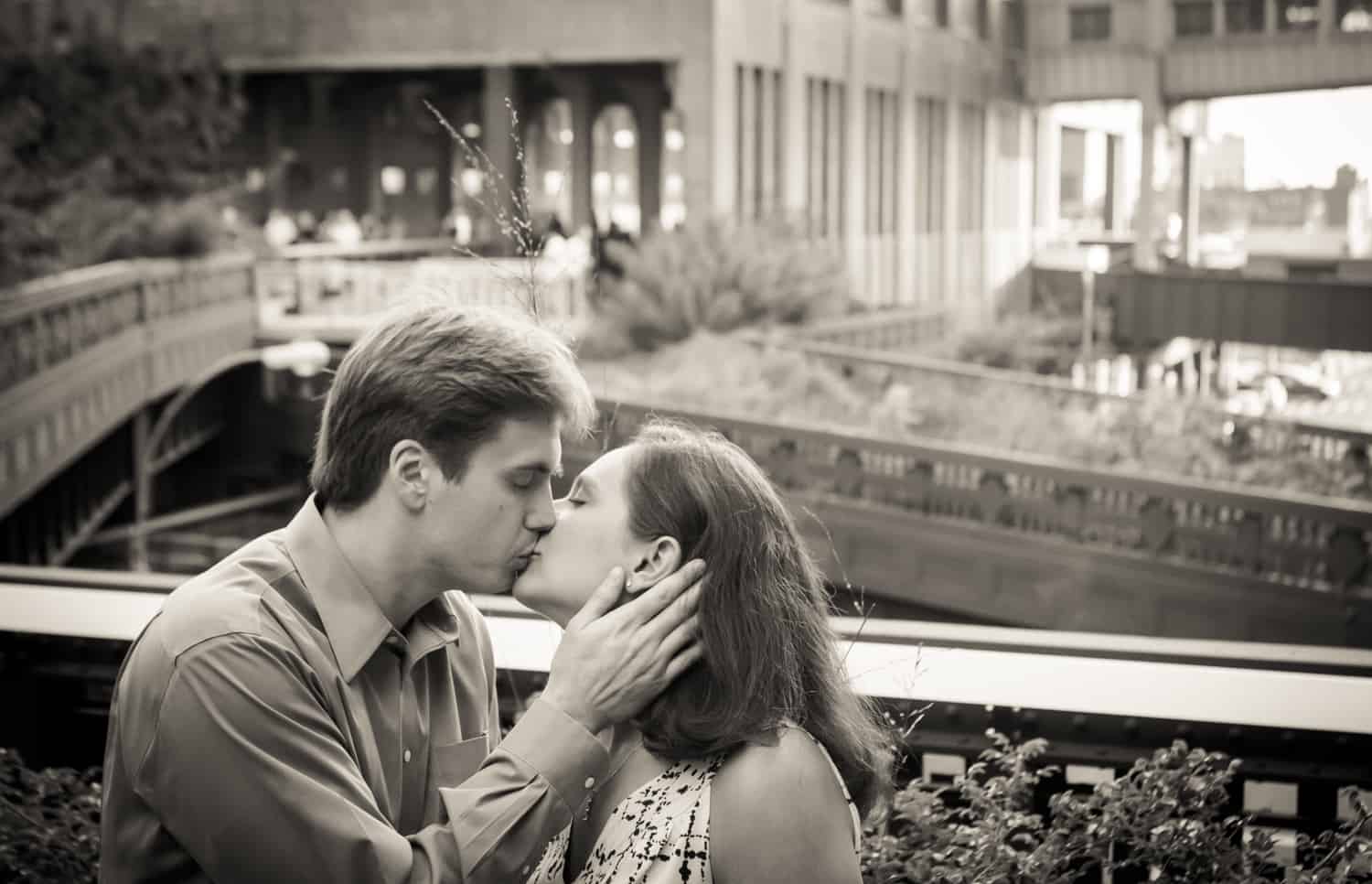 Black and white photo of couple kissing during High Line engagement session