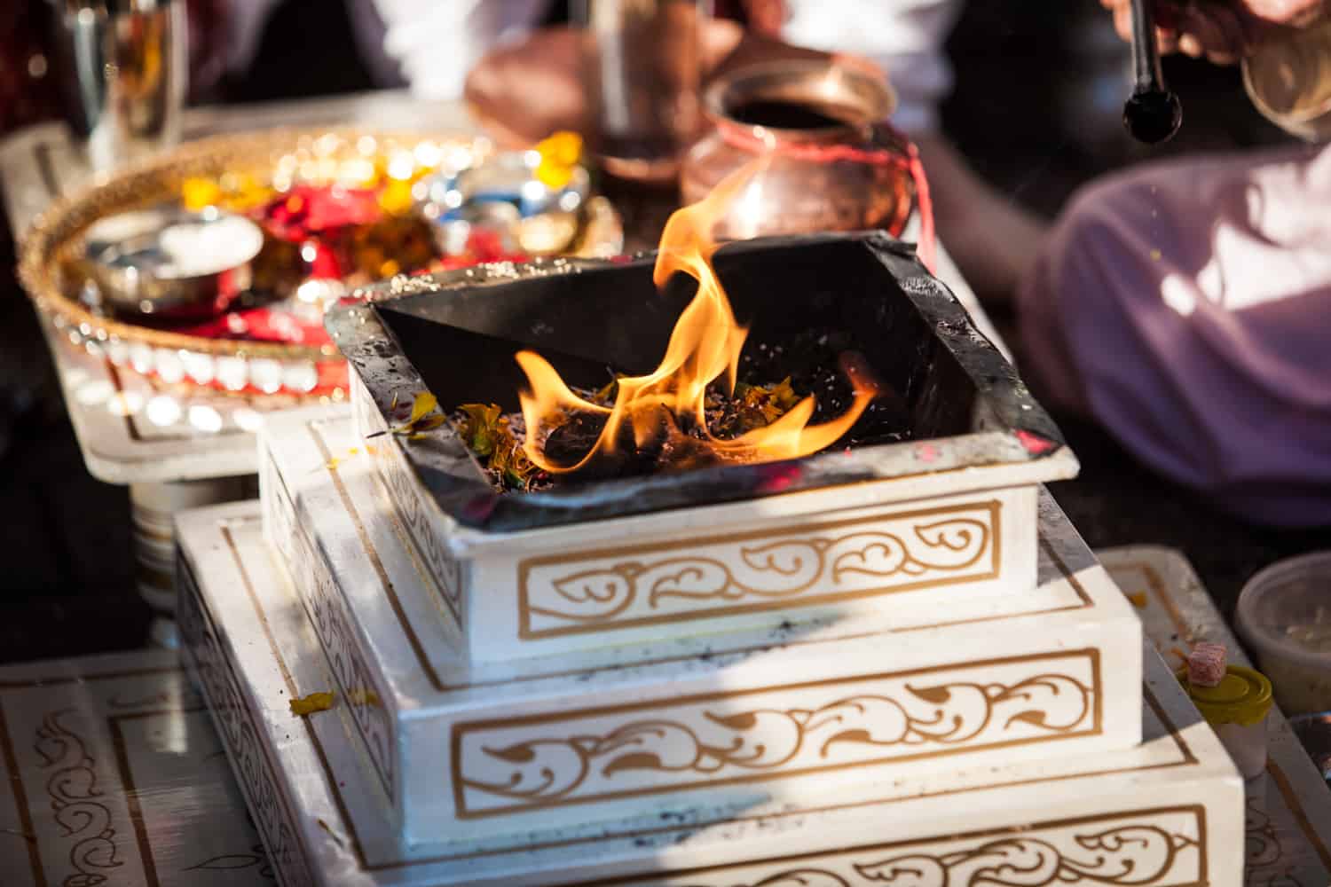 Close up on fire during traditional Hindu wedding ceremony