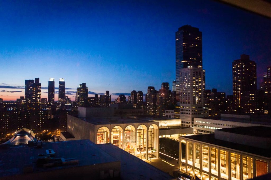 View of Lincoln Center and Upper West Side at night from Empire Hotel roof