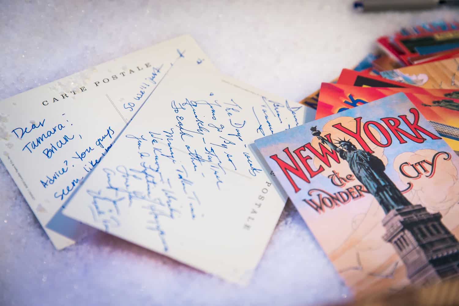 Colorful New York postcards written for bride and groom