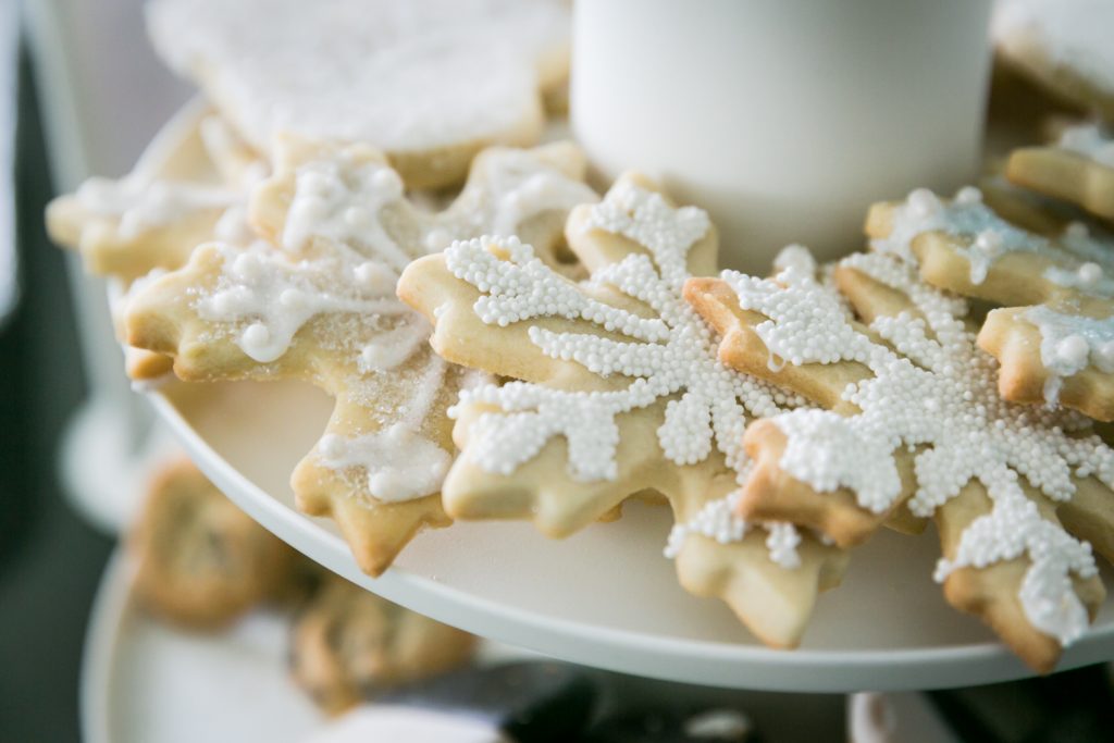Close up of snowflake-shaped cookies at a Long Island City wedding brunch