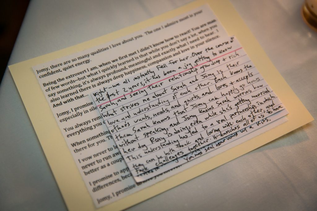 Card with vows at a Maison May Brownstone wedding