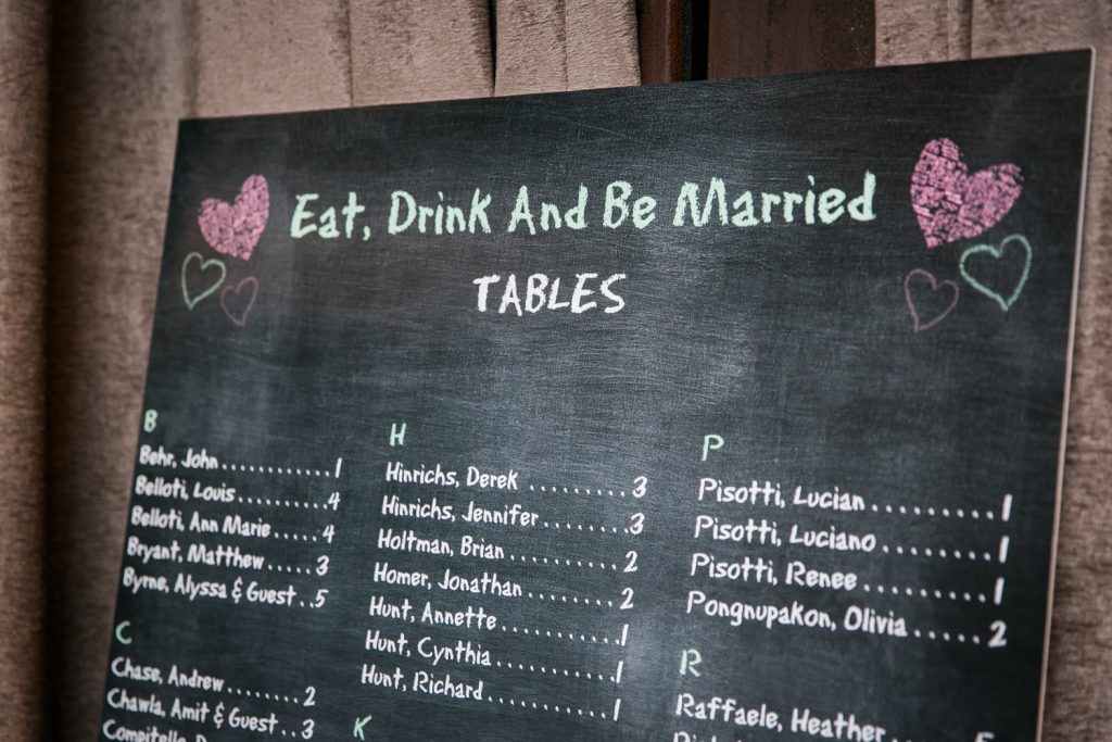 Close up on seating chart at a Brooklyn Winery wedding