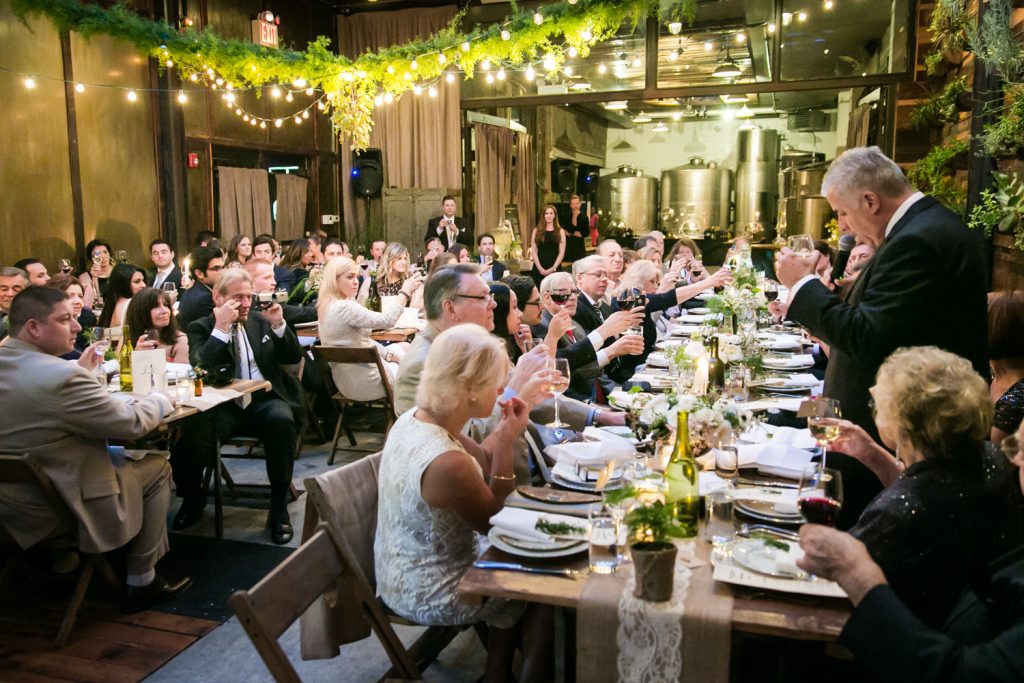 Wide shot of father of the bride making a speech at a Brooklyn Winery wedding