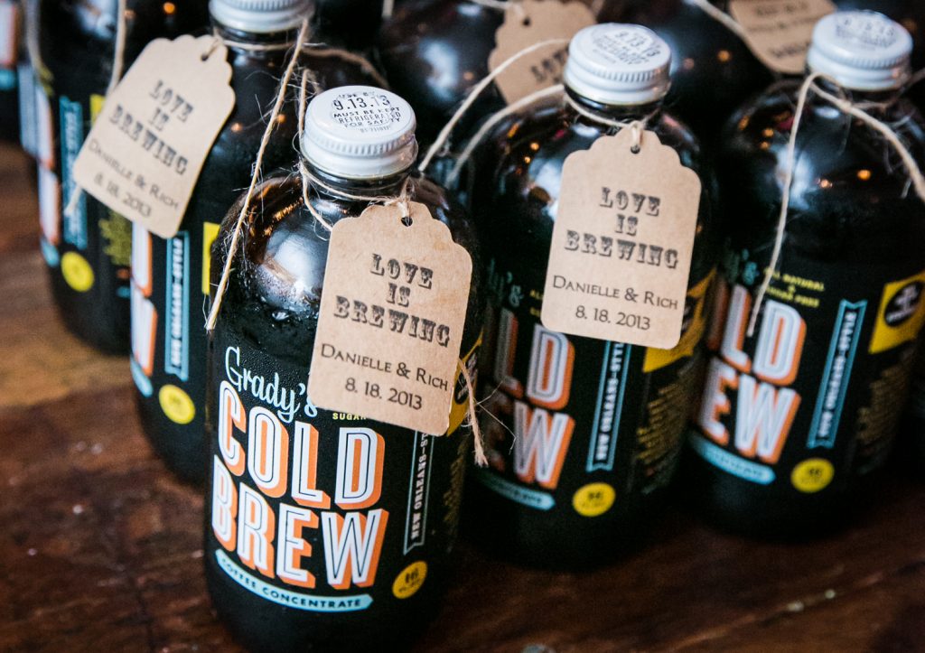 Bottles of Cold Brew given as guest favors at a Brooklyn Winery wedding
