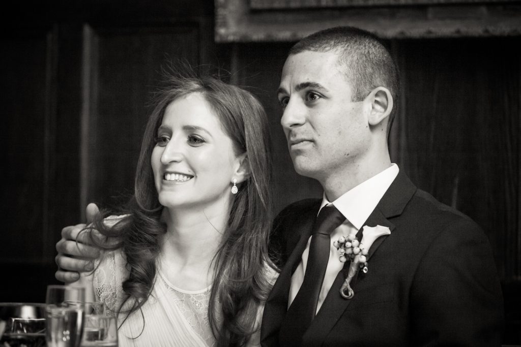 Black and white photo of at a Harvard Club wedding reception