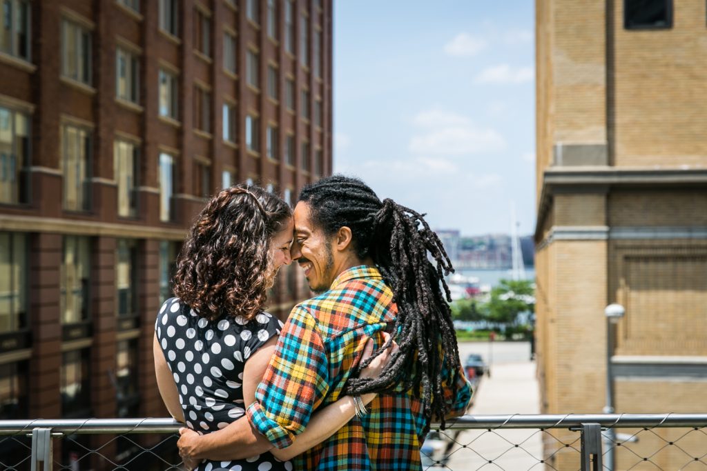 View of couple from back with arms around each other on the High Line