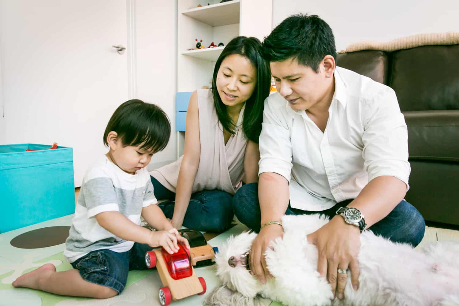 Parents and child playing with dog and toy truck
