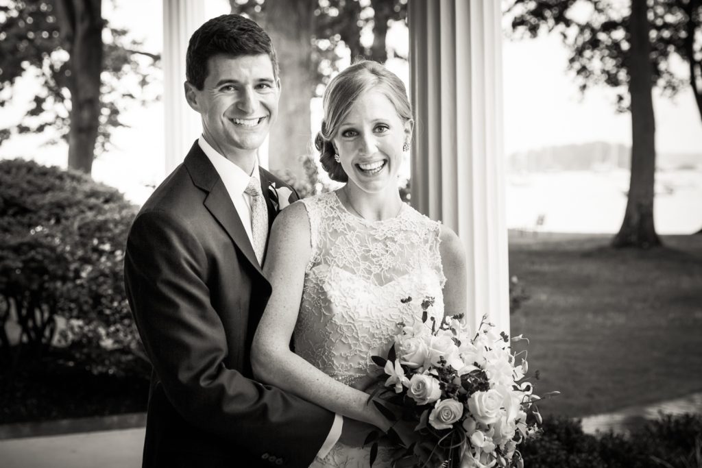 Black and white portrait of bride and groom at an American Yacht Club wedding