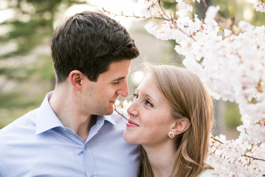 Man looking at woman under cherry blossom trees during a Central Park engagement session