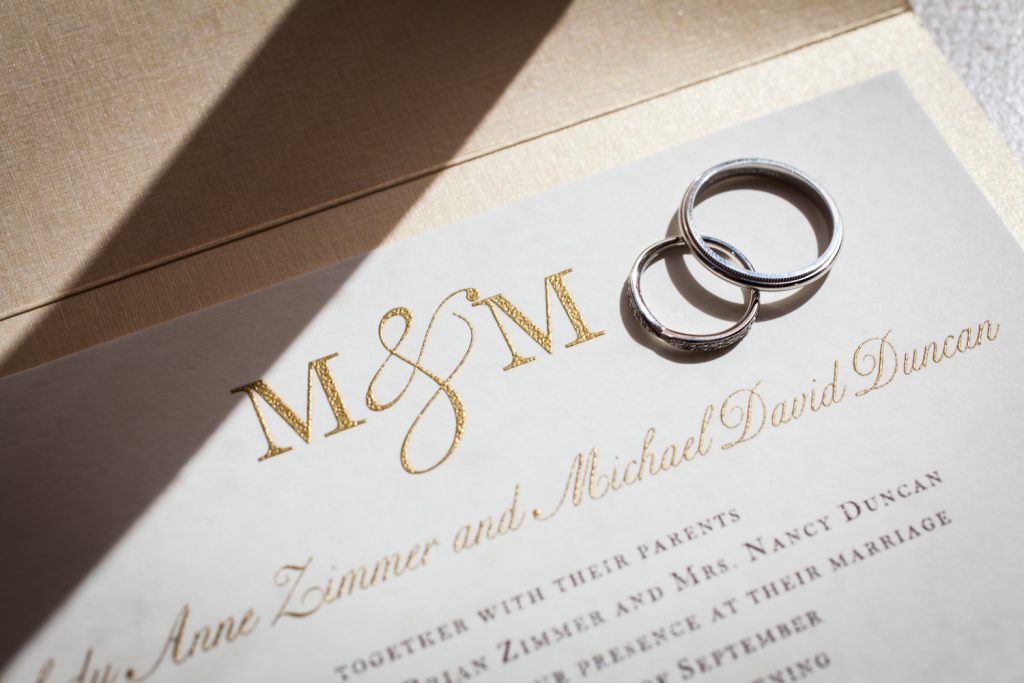 Wedding rings on top of invitation