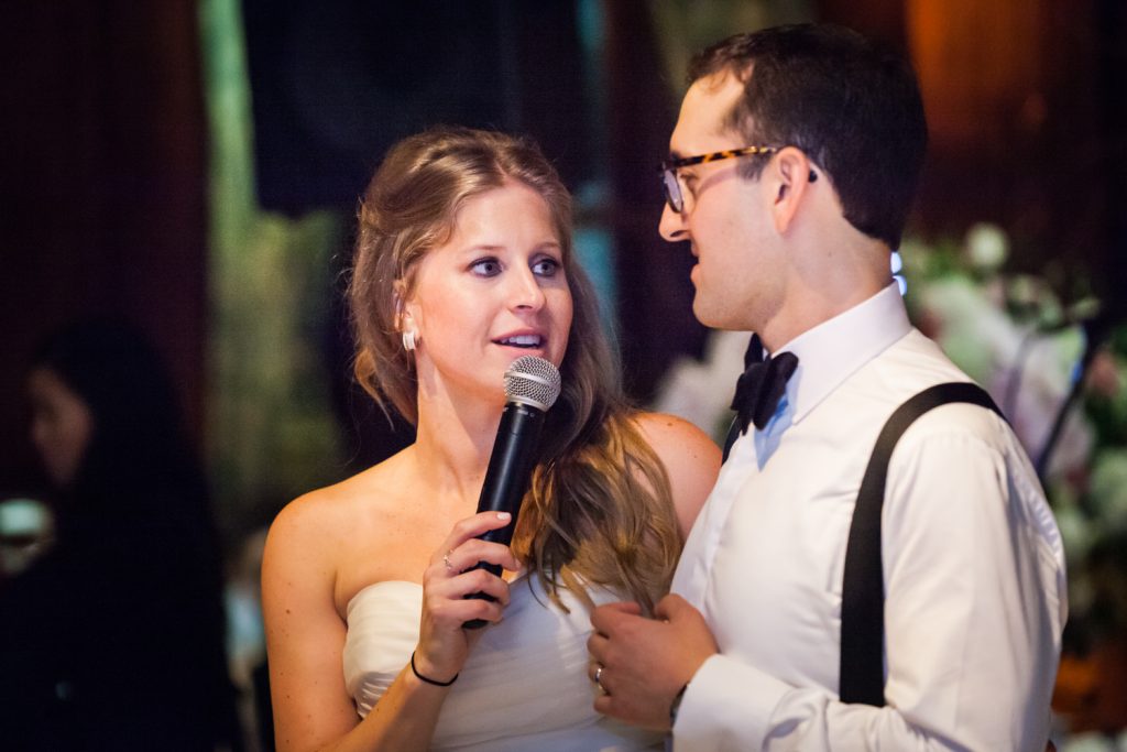 Bride and groom giving speech at a University Club wedding
