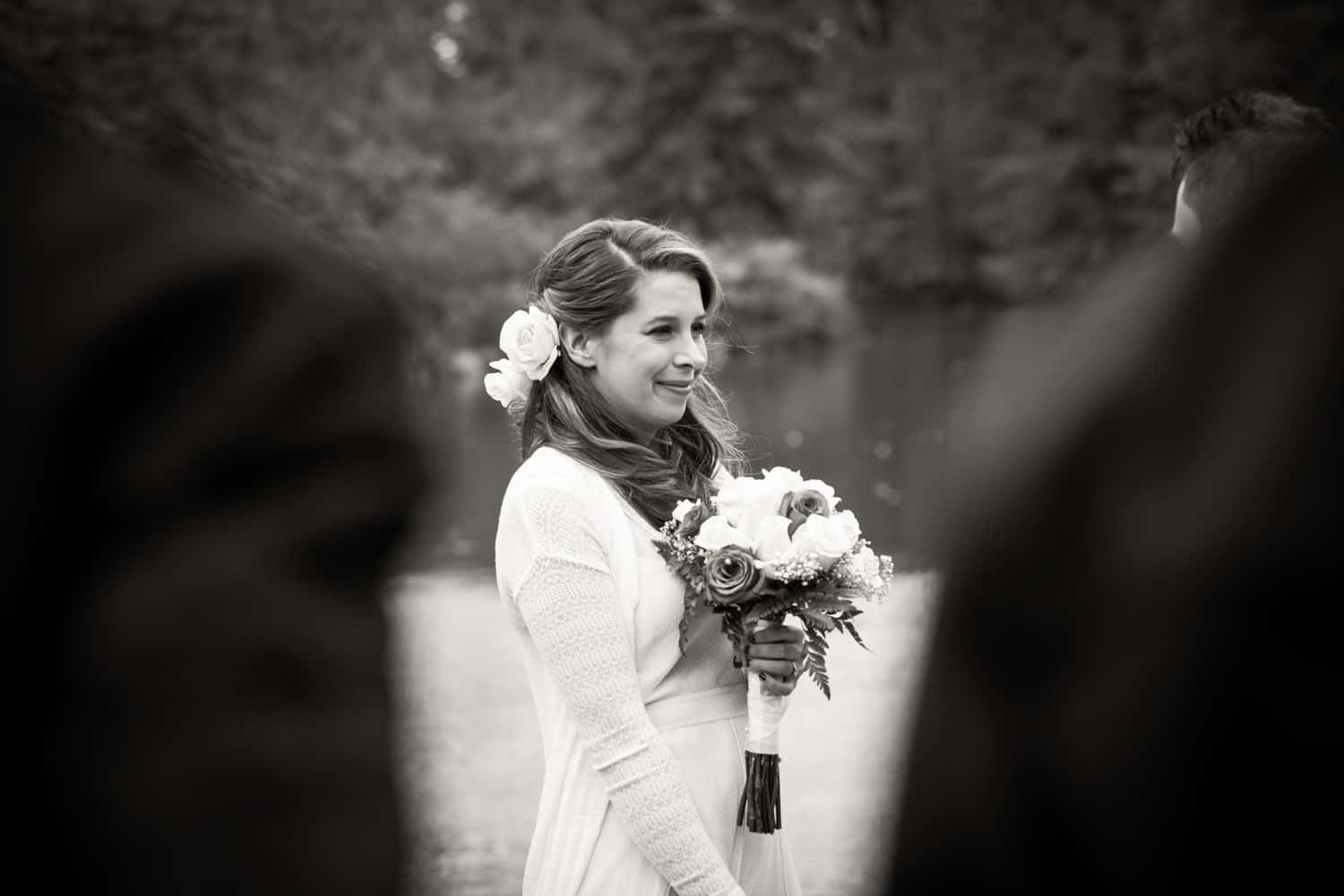 Black and white photo of bride during Bethesda Fountain wedding