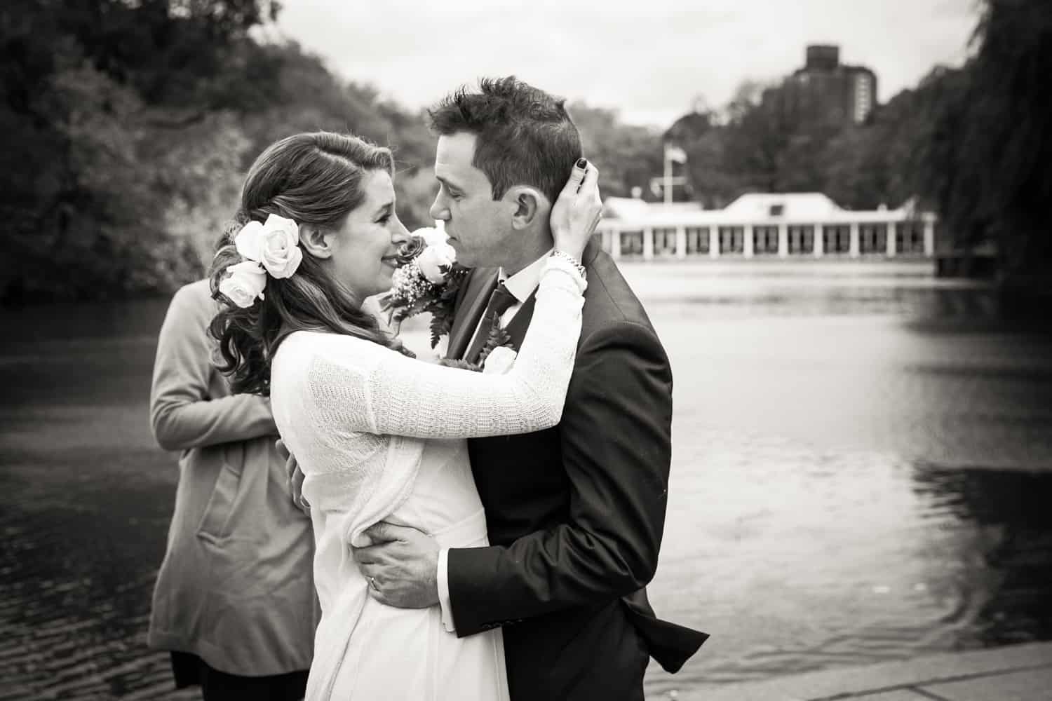 Black and white photo of bride and groom after Bethesda Fountain ceremony