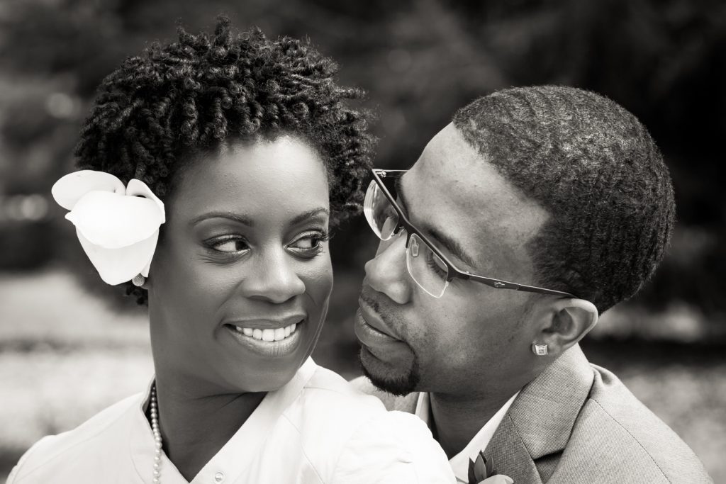 Black and white portrait of bride and groom at a Flushing Meadows Corona Park wedding