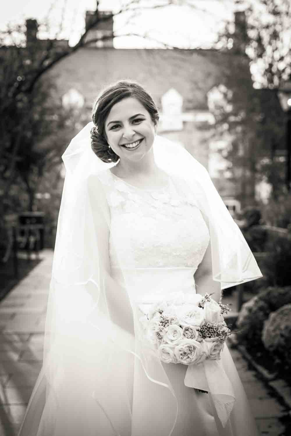 Black and white portrait of bride outdoors