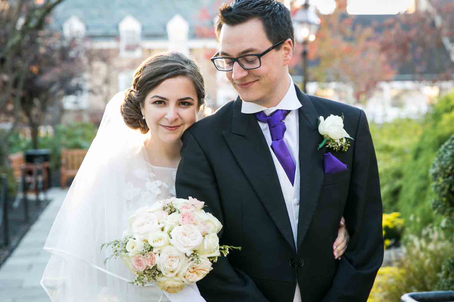 Bride and groom outdoors at a Nassau Inn wedding