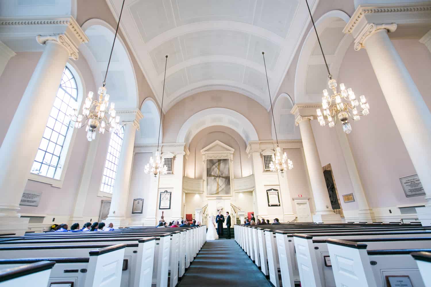 Wide shot of church interior during All Souls Unitarian Church ceremony