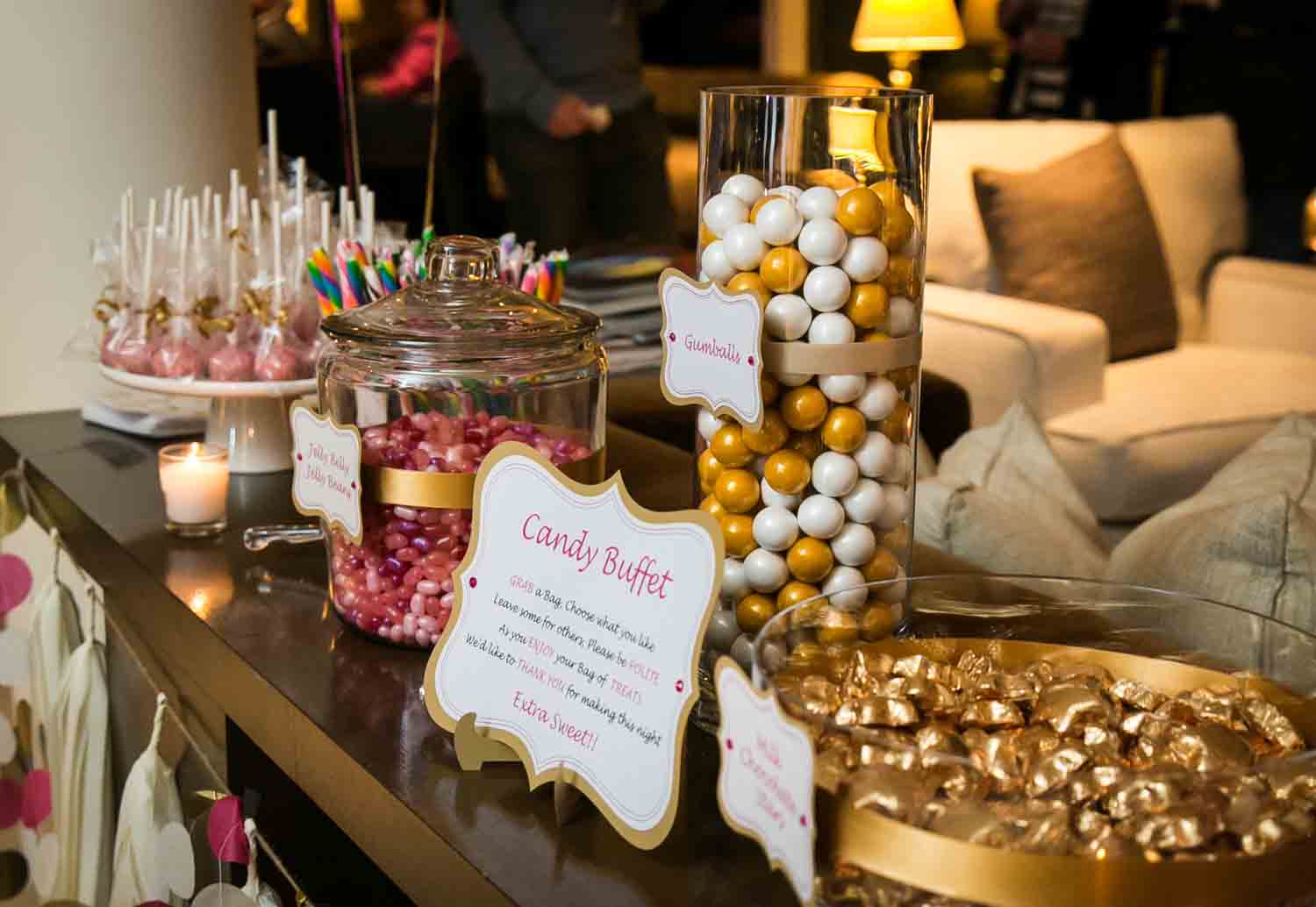 Candy buffet with gold-wrapped candies
