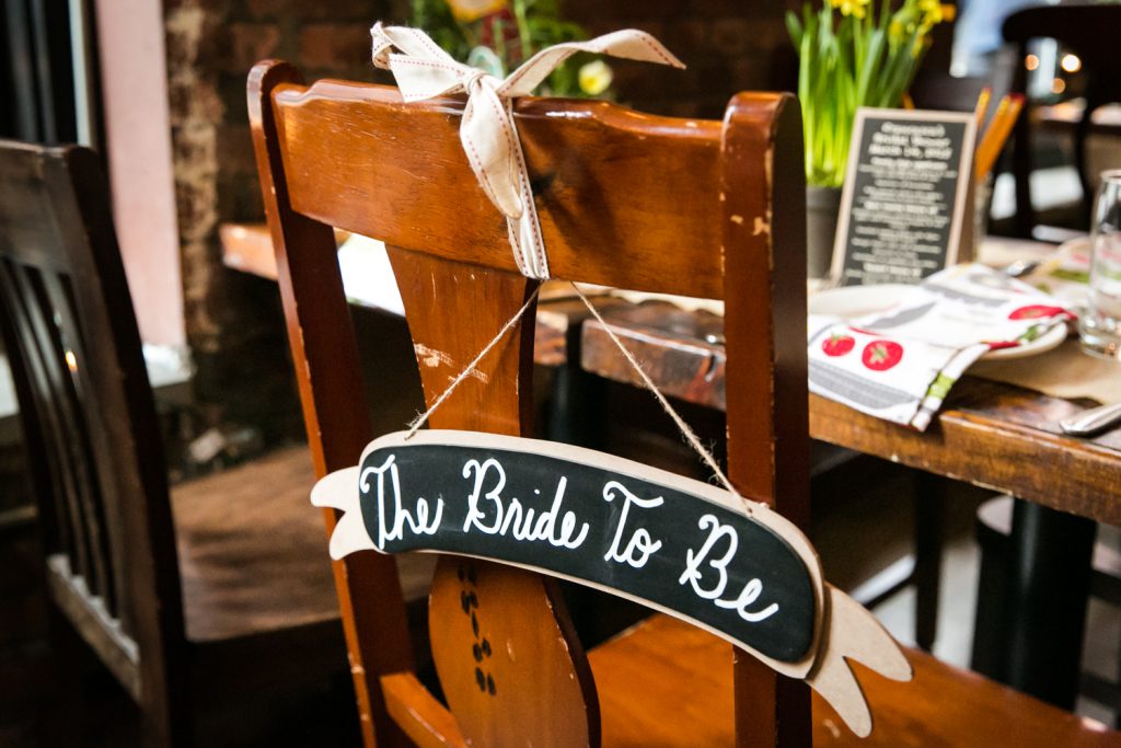 Chair with 'bride to be' sign