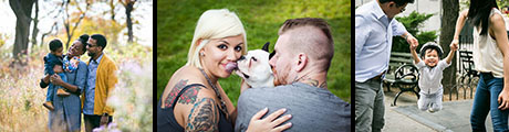 Three images: African American family in forest, tattooed couple with dog licking woman, parents swinging a little boy by his arms