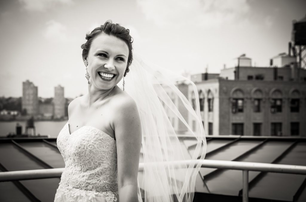 Portrait of bride on NYC rooftop for an article on how to get the wedding photos you want