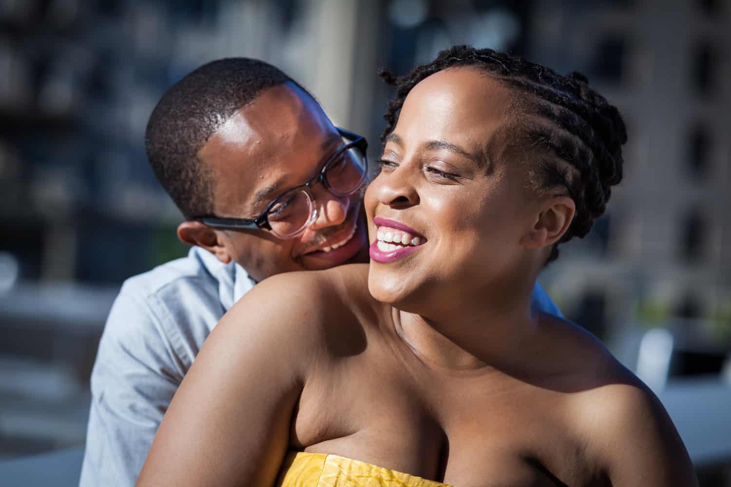 Couple looking at each other at a Brooklyn Museum engagement shoot