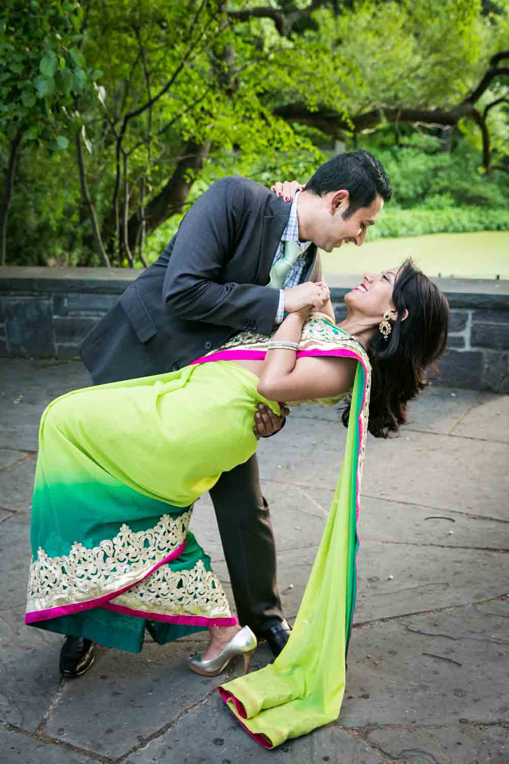 Indian couple dancing at a Central Park engagement shoot for an article on NYC engagement shoot ideas