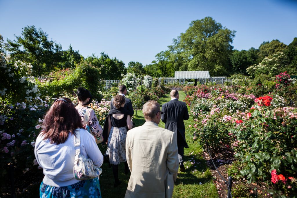 Group of guess walking into Cranford Rose Garden at an Brooklyn Botanic Garden wedding