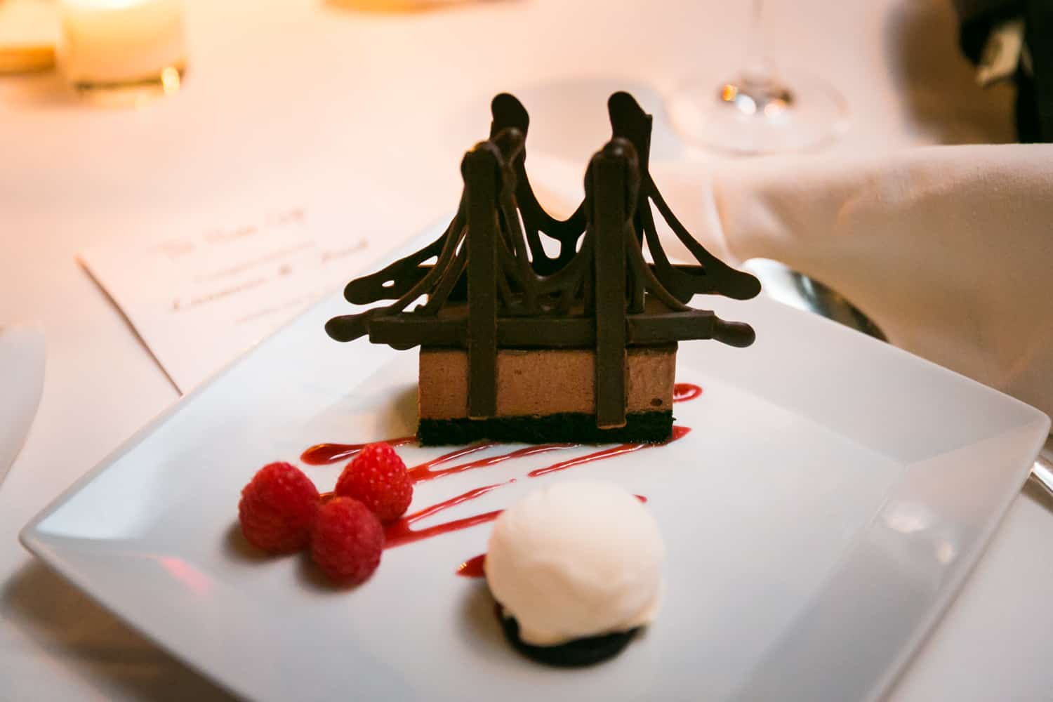 Chocolate dessert in the shape of the Brooklyn Bridge