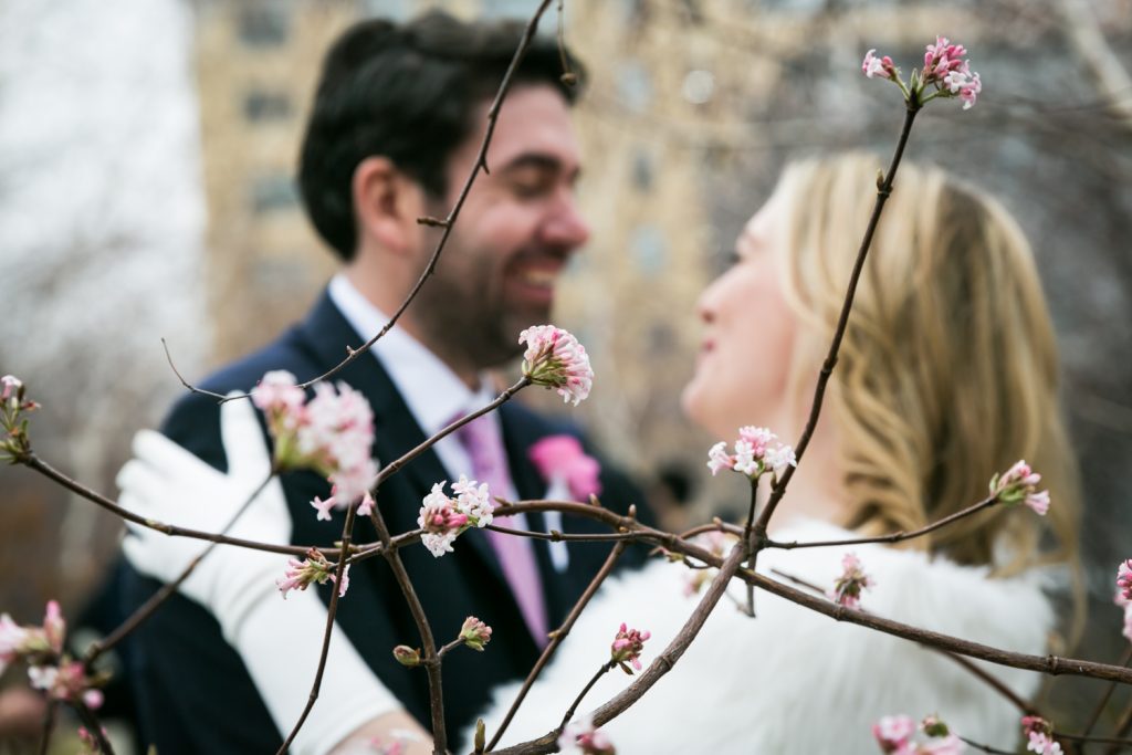 Cherry blossom trees in bloom with bride and groom in background