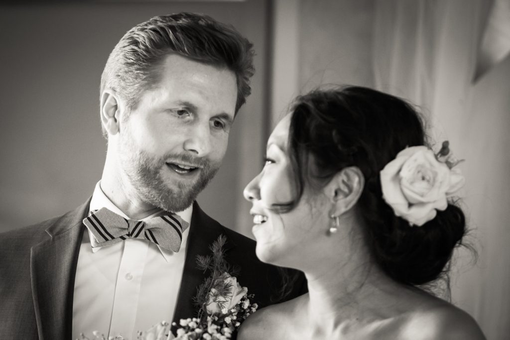 Black and white photo of bride and groom 