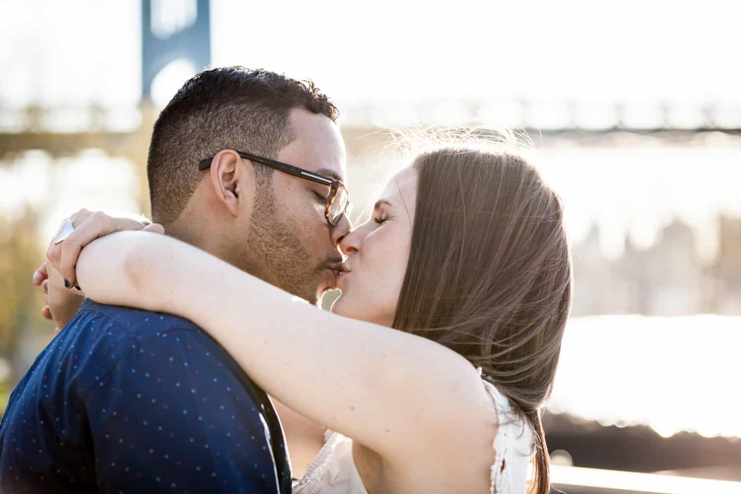 Couple kissing during an Astoria Park engagement shoot