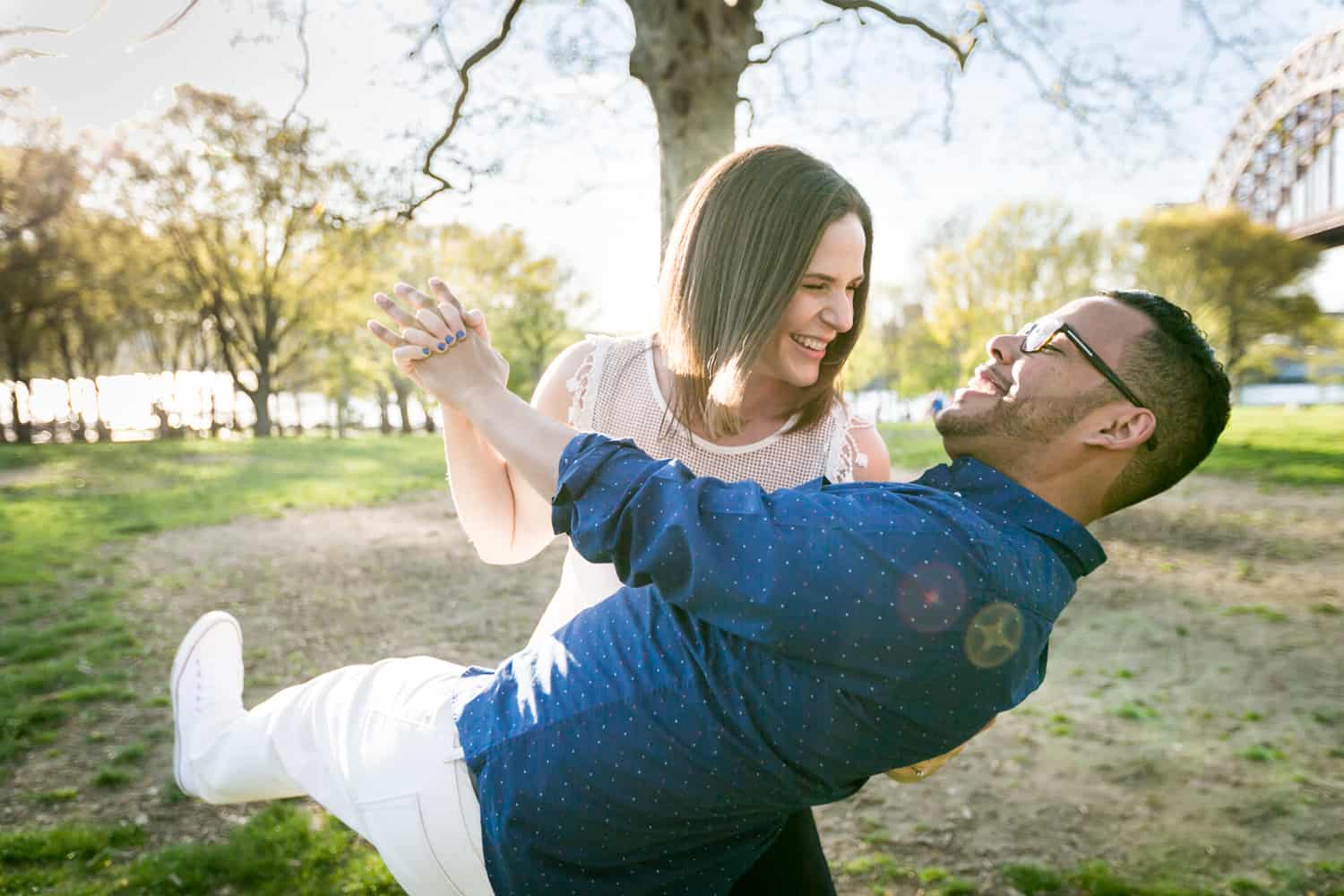 Couple dancing during an Astoria Park engagement shoot