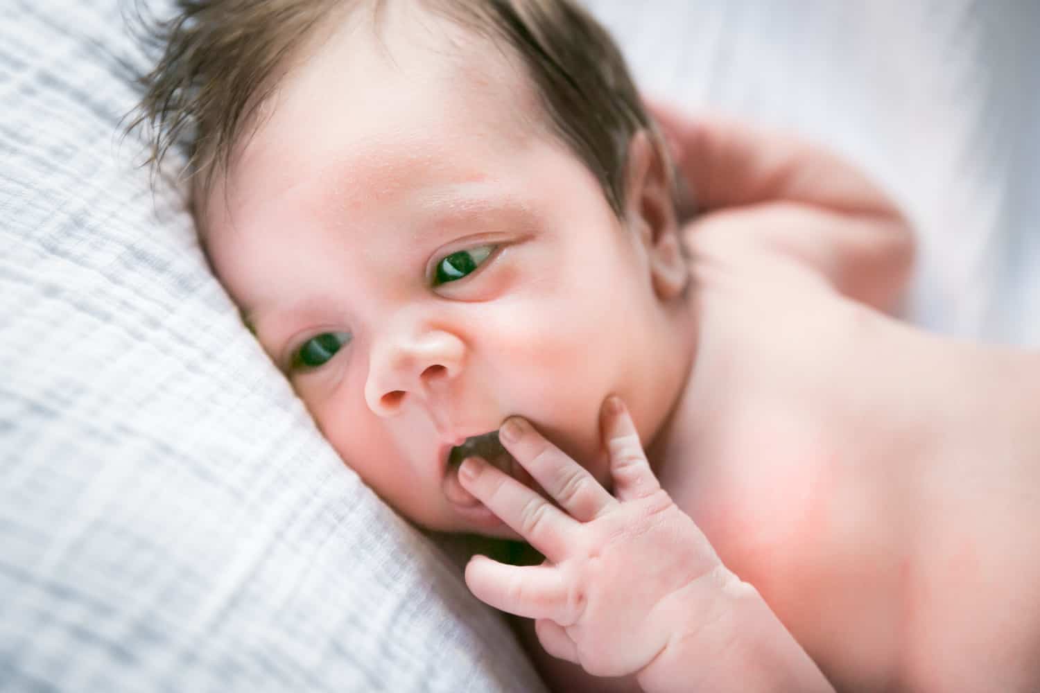 Newborn baby on white blanket with hands in mouth