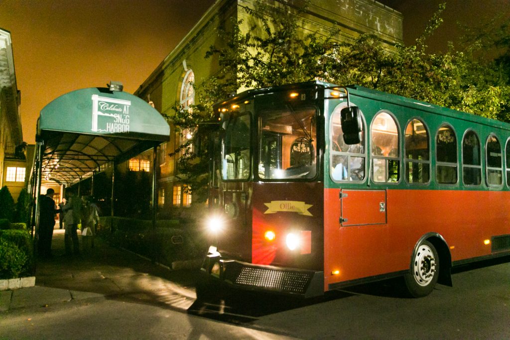 Trolley parked in front of Snug Harbor at a Snug Harbor wedding