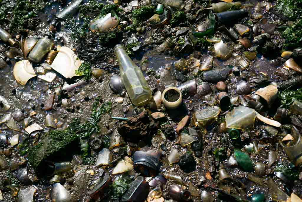 Dead Horse Bay photos of bottles and trash on beach